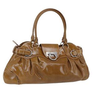 Authentic Salvatore Ferragamo Gancini Shoulder Bag Patent leather Brown Silver